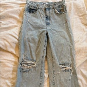 Zara high rise baggy wide leg light wash distressed jeans